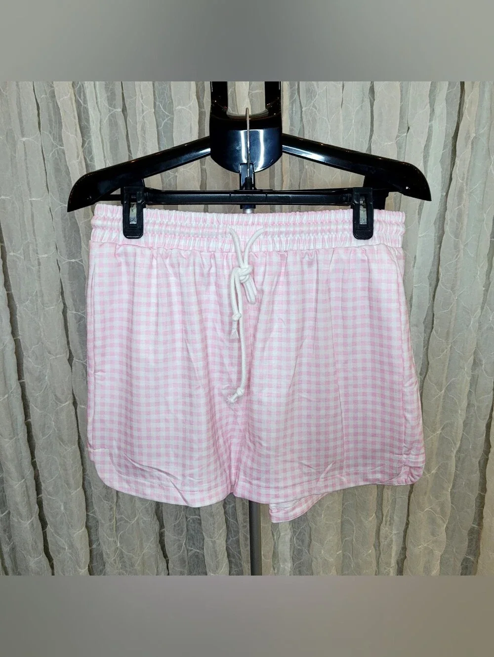 Pink Gingham Plaid 2-Piece Lounge Set L Light French Terry Zip 3/4 Top Shorts